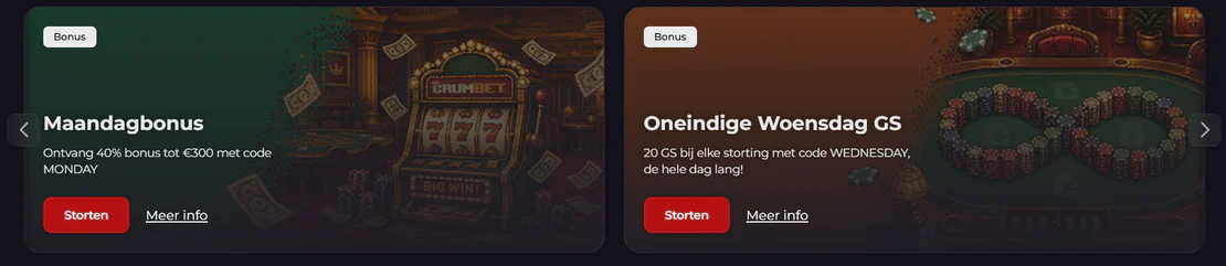 Crumbet Casino bonussen met Maandagbonus, gratis spins en wekelijkse promoties